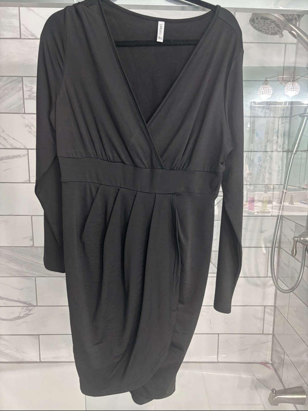 Black Long-Sleeve Faux-Wrap V-Neck Pleated Midi Dress
